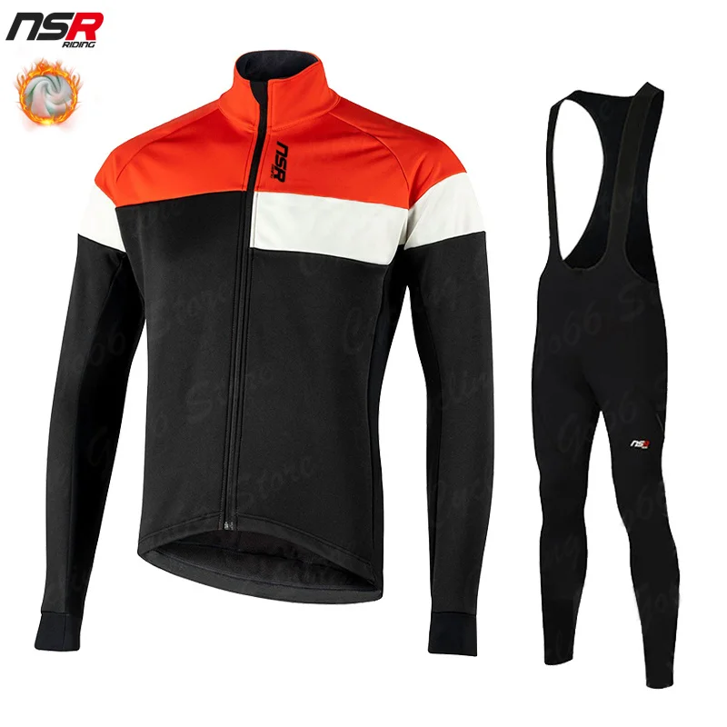 

Warm 2022 Winter Thermal Fleece Cycling Clothes NSR Newest Men Jersey Suit Outdoor Riding Bike MTB Clothing Bib Pants Set