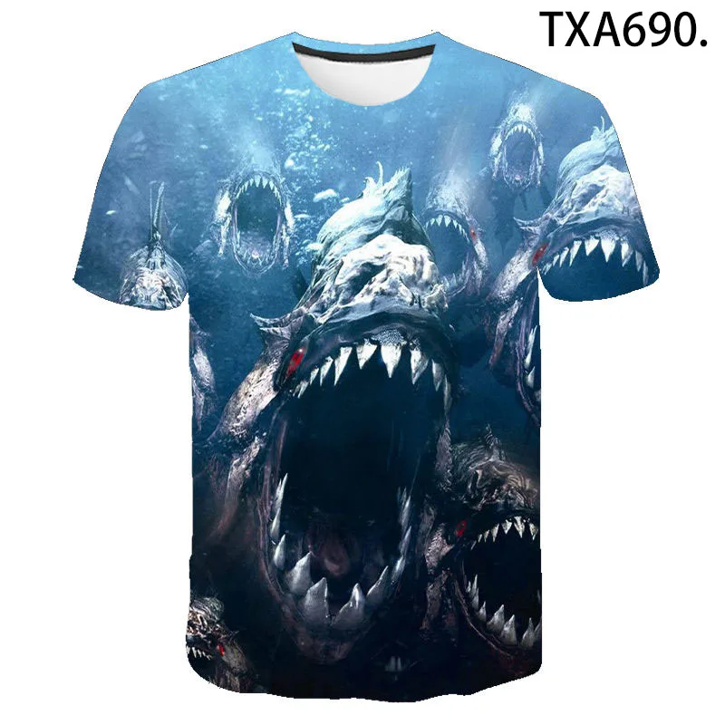 

2020 New Summer Short Sleeve Piranha Printed 3D T Shirts Casual Streetwear Boy Girl Kids Fashion Men Women Children Tops Tee