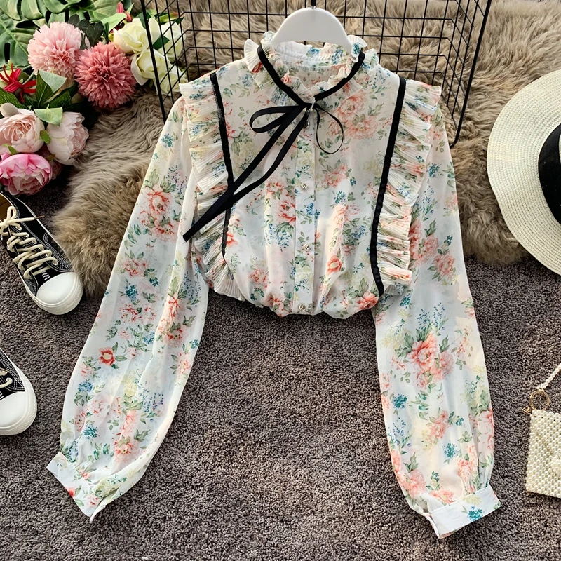

2021 Spring Women Elegant Chic Blouse Lady Casual Loose Ruffles O-neck Chiffon Shirt Female Bow Long-Sleeved Printed Tops R96