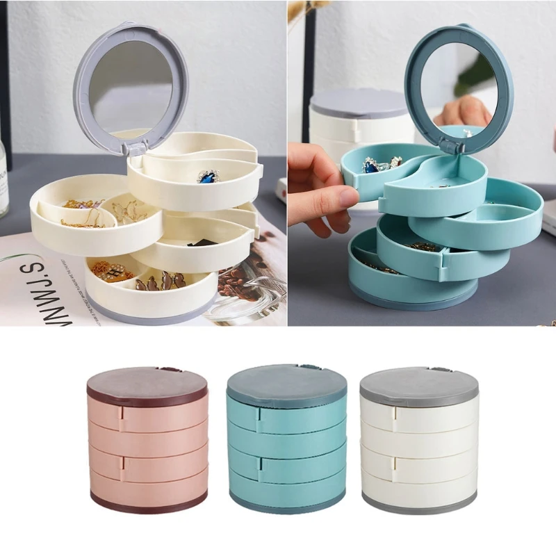 

Jewelry Organizer Case with Mirror 4 Layers 360 Degree Rotating Storage Box Tray T21F