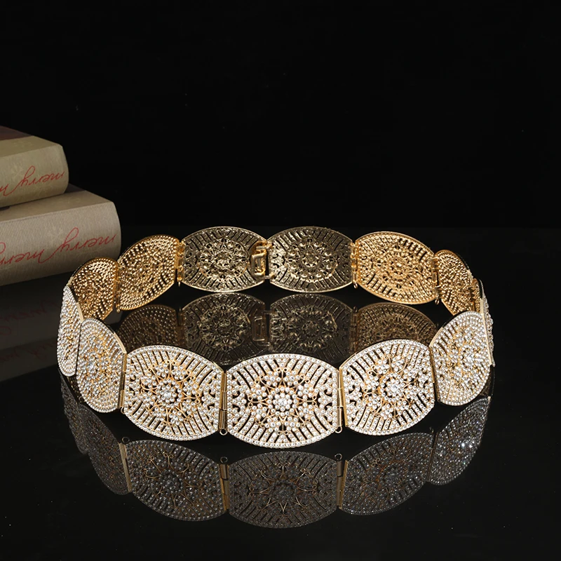 Moroccan Style Rhinestone Caftan Belt For Bride Full Crystal Wedding Belt With Gold Arabian Royal Waist Chain