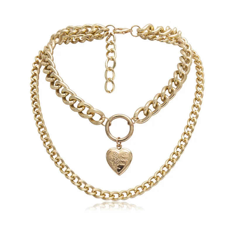 

Gold Chunky Cuban Link Chain Heart Necklace For Women Punk Double Layered Pendant Necklace Wedding Jewelry Valentine's Day Gifts
