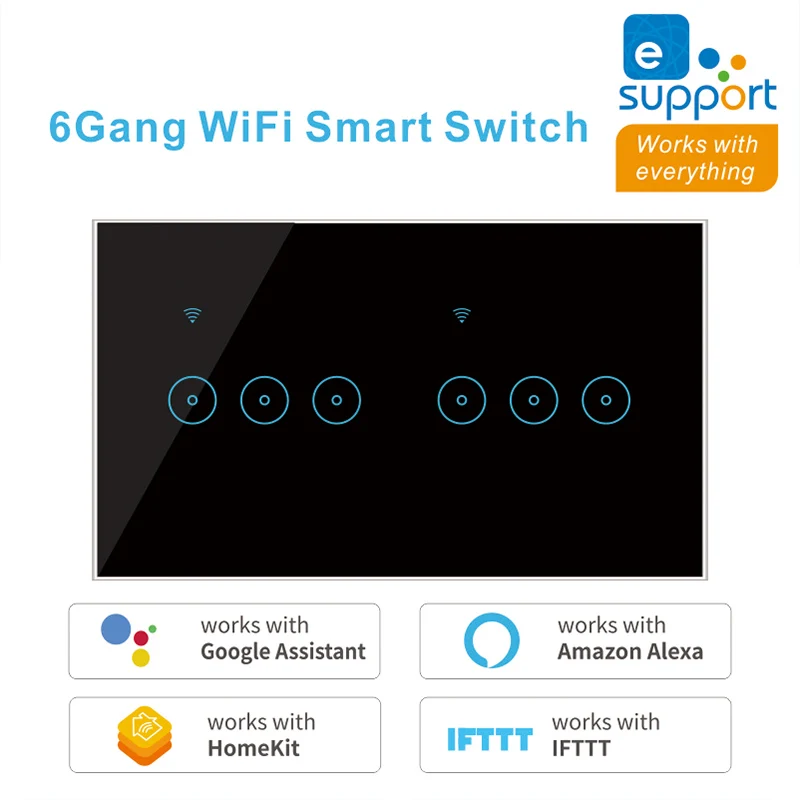 

WiFi Smart Switch Tuya eWeLink 4 5 6 Gang Glass Touch Panel Wall Switch Wireless Control Alexa Google Home Compatible 95-240V AC