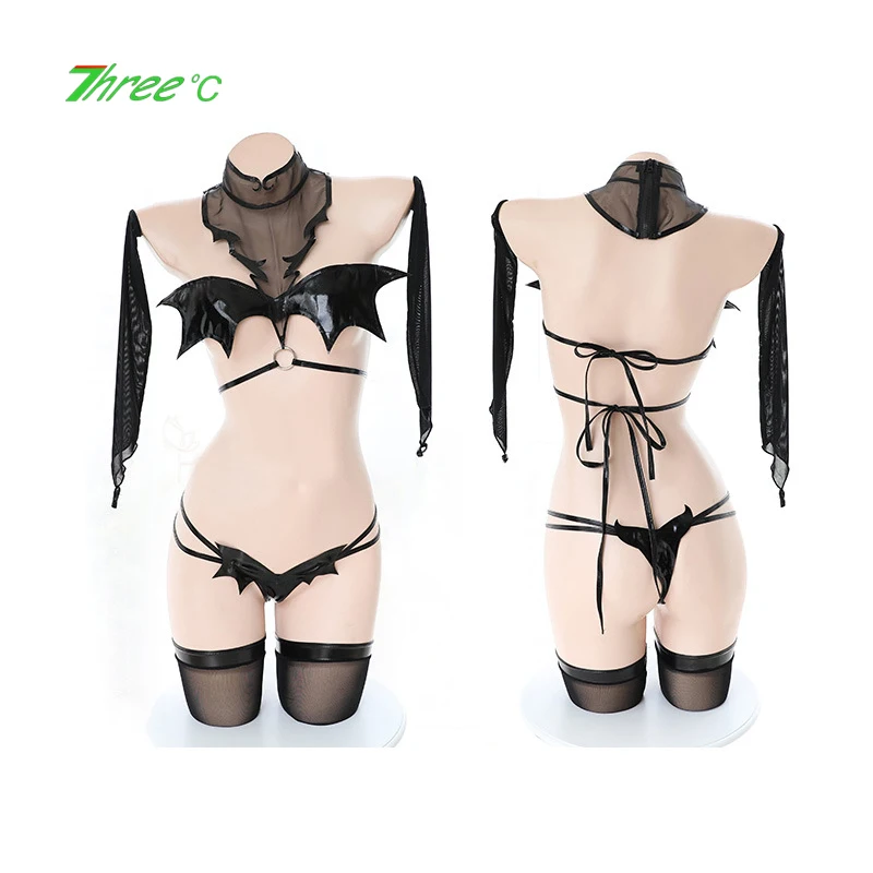 

Womens Erotic Lingerie Set Sexy Devil Uniform Temptation Japanese Cosplay Suit Faux Leather Stocking Two-piece Flirting Costume