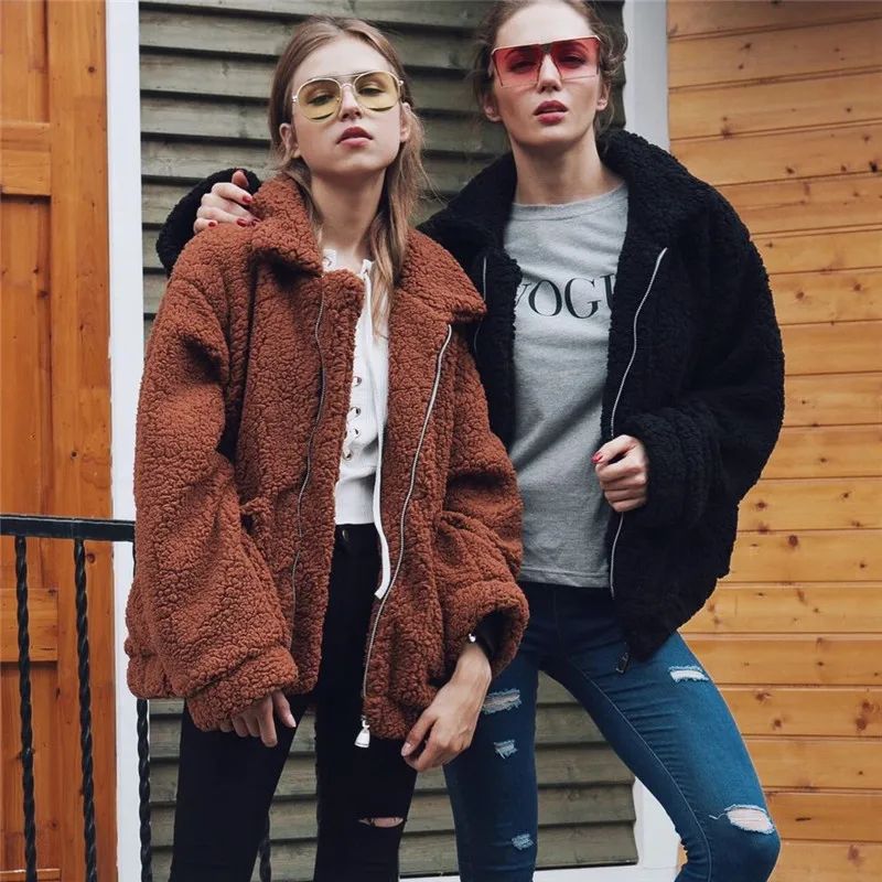 

Elegant Faux Fur Coat Women 2019 Autumn Winter Thick Warm Soft Fleece Jacket Female Pocket Zipper Overcoat Bear Teddy Coat 3XL