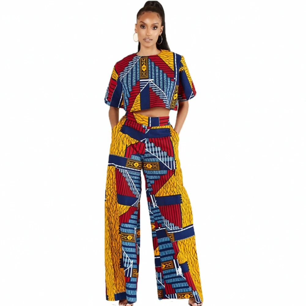 

Two Piece Set Africa Clothes African New Dashiki Fashion Flower Print Suit Top Trousers Super Elastic Party For Women Outfits