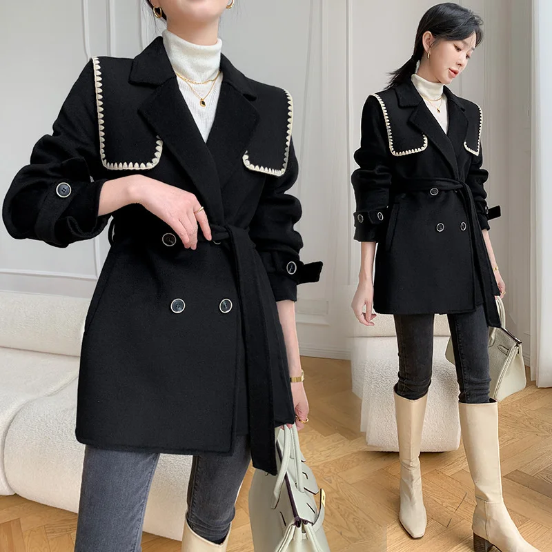 

Xiaoxiangfeng handmade double-sided cashmere wool coat women's 2021 autumn and winter new small navy collar wool coat