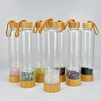 natural irregularity crystal energy bottle glass water bottlr bamboo lid gravel separating cup gift giving drinkware