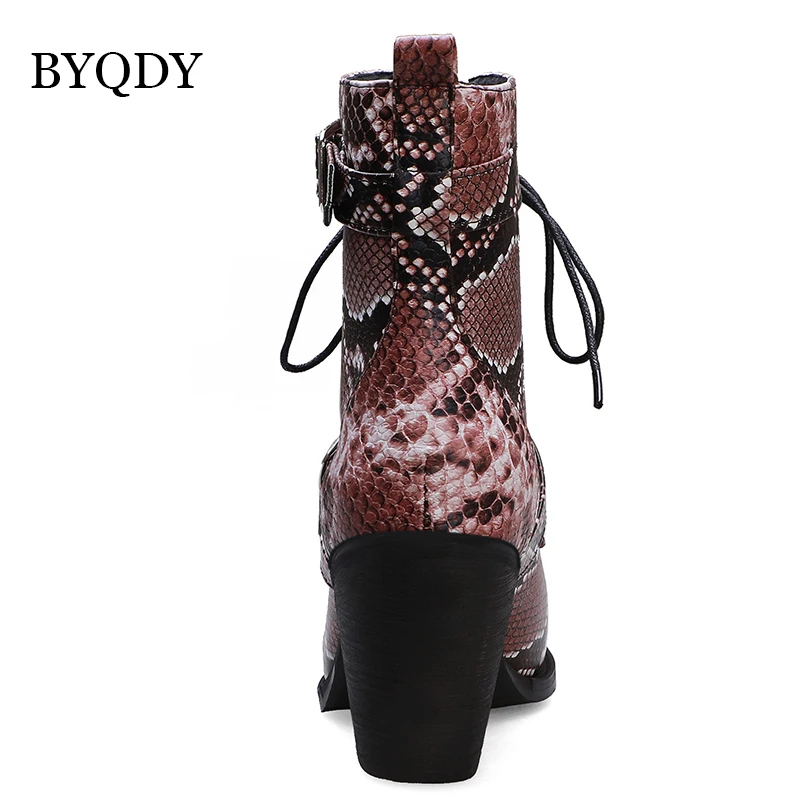 BYQDY Autumn Woman Winter Boots Snakeskin Western Shoes Hoof Heels Lace-up Ankle Birthday booties Comfortable Plus Size 48 | Обувь
