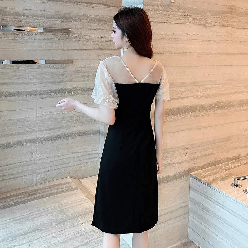 

French Style Slim Fit Polka Dot Split Black Chiffon off-Shoulder Dress Small Design Short Skirt Retro Ladies