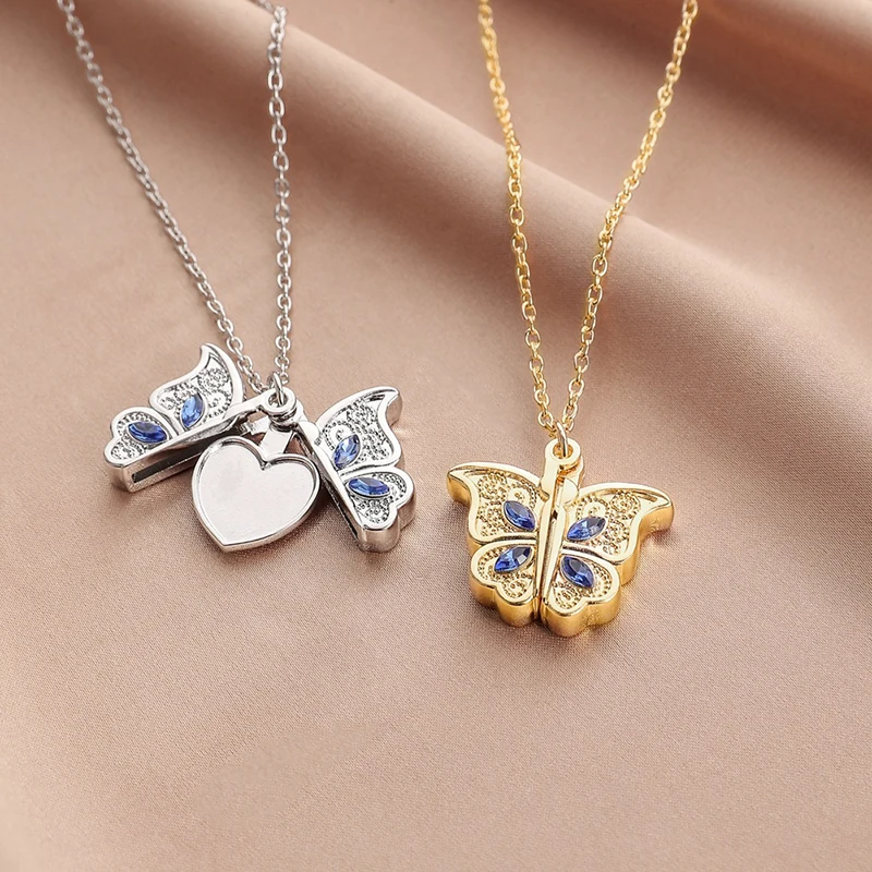 

Customized Picture By Yourself Crystal Butterfly Openable Photo Box Pendant Necklace Blue Crystal Wing Necklace Memorial Gift