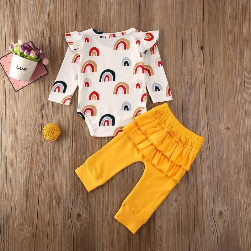 

2020 Baby Spring Autumn Clothing Toddler Newborn Baby Girl Rainbow Clothes Long Sleeve Romper Ruffle Pants Outfit