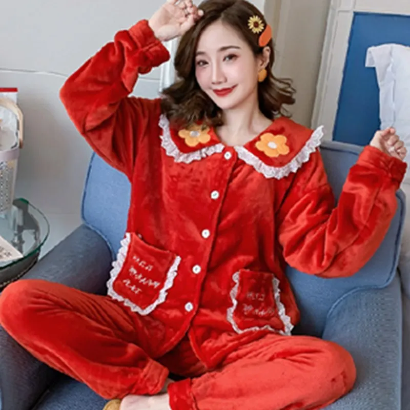 

Autumn and Winter Thickening and Flannel Can Be Worn Outside Coral Flannel Two Piece Women's Home Suit Pajama Set Sexy Pajamas