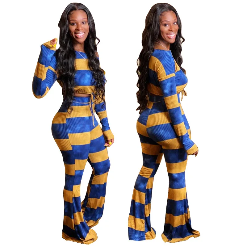 

Уличный полосатый спортивный костюм женский комплект с длинным рукавом укороченный топ расклешенные брюки комплект спортивный костюм для ...