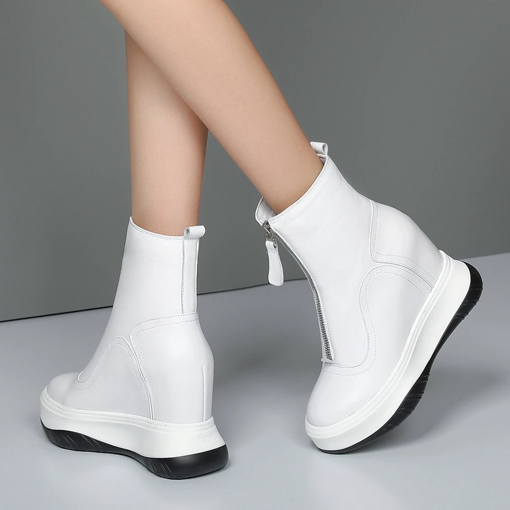 

BONJOMARISA Genuine Leather Round Toe Zipper Chunky Ankle Boots Increasing Height Platform Boots Women Stylish Shoes Woman