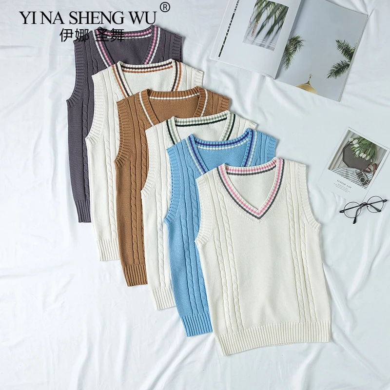 

High School Student Spring Autumn Sleeveless Knit Vests Pullovers V Neck Cotton Sweaters For JK School Uniform Student Clothes