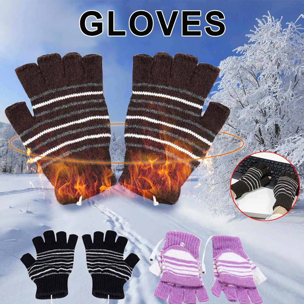 

New Winter Electric Heating Gloves Thermal USB Heated Half Finger Gloves Washable Fingerless Winter Knitted Gloves