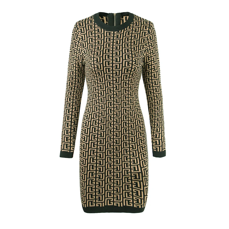 

Женское шерстяное вязаное платье Uutfit, классическое приталенное платье в клетку с круглым вырезом и длинным рукавом, Осень-зима