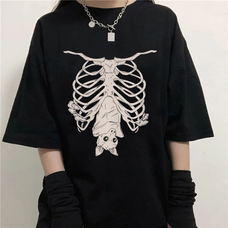 

T Shirt Woman Gothic Star Punk Cat Print Tops geometry printed Short Sleeve Cat Print Black Loose Punk Casual Femme Clothing