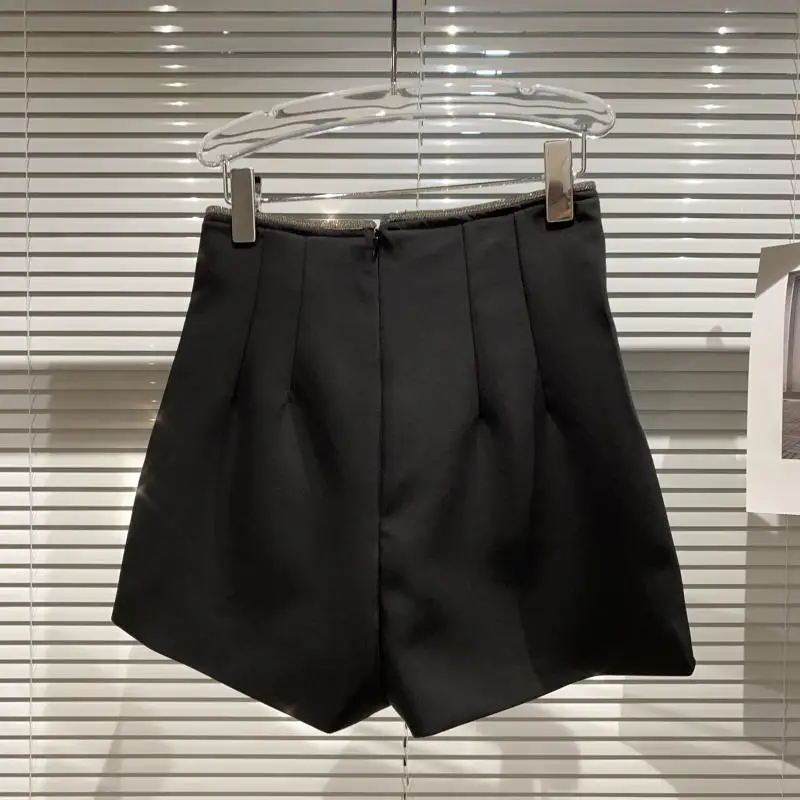 

2021 Spring New Rhinestone Shiny High Waist Women's Black and White Suit Shorts Ladies Fashion Wide Leg Shorts