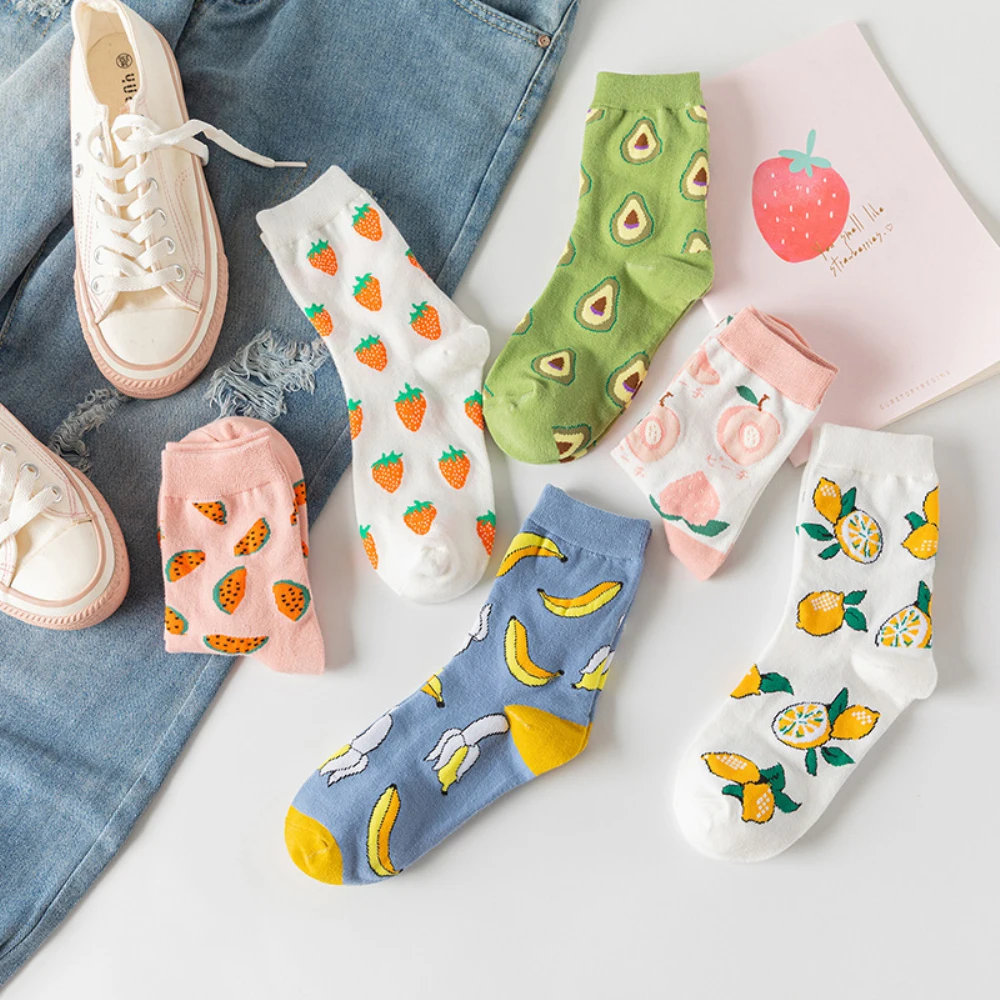 12 Pairs/Lot Cute Woman Socks Girl’s Cartoon Fruit Avocado Peach Funny Cotton Socks Ladies Comfortable Soft Casual Long Socks