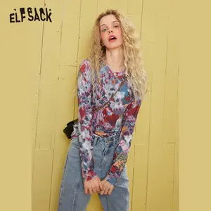 Женская шифоновая блуза ELFSACK, зеленая тонкая рыболовная сетка с цветочным принтом, сетчатая Сексуальная Блузка с длинным рукавом в Корейском стиле, весна 2020