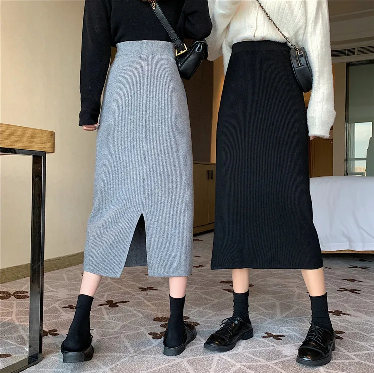 

Autumn and Winter 2020 New Korean Long Back Slit Skirt Hip Skirt All-match High Waist Slimming black Knitted Skirt Women