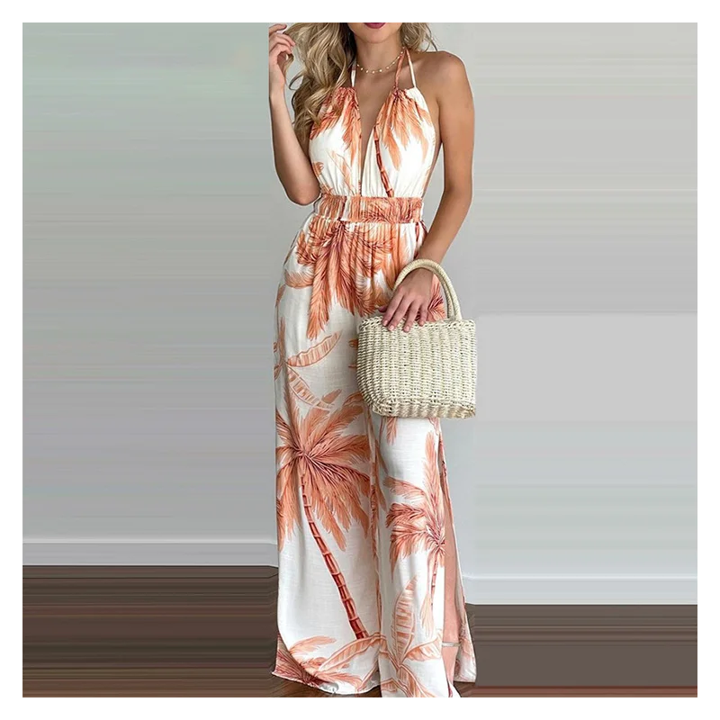 

Женский комбинезон на шнуровке, модный пикантный комбинезон без рукавов с открытой спиной и эластичным поясом, свободные брюки с широкими ш...