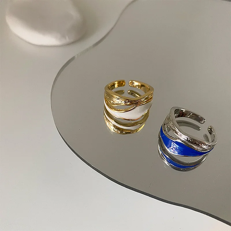 

LOVOACC Fashion White Blue Color Enamel Metal Open Rings for Women Girls Hollow Geometric Index Finger Rings Cute Accessories