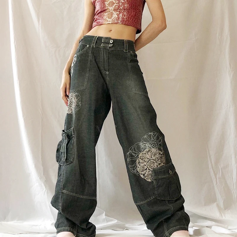 

Xfhh Harajuku Graphic Print Grunge Jeans Wide Leg Baggy Cargo Pants Vintage High Waist Denim Trousers Y2K Oversized Jeans