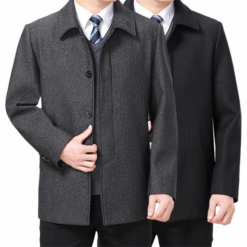 Autumn winter middle-aged woolen coat men's loose casual dad lapel mid-length cloth black grey single-breasted пальто мужское