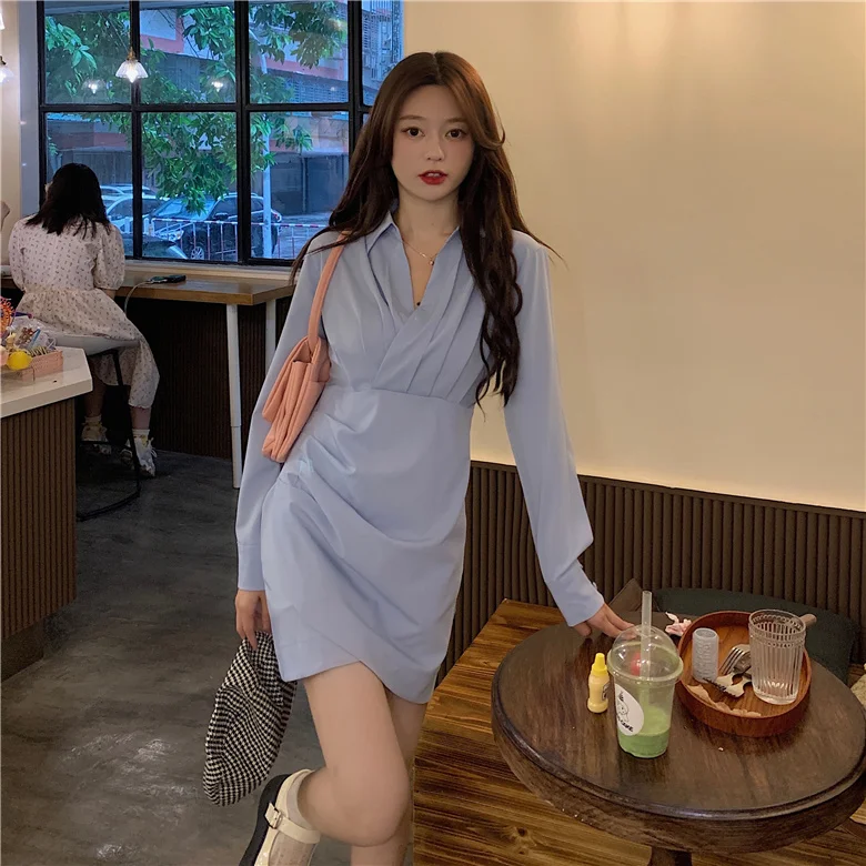 

Women's plus Size V-neck Pleated Design Long-Sleeved Shirt Dress for Plump Girls Waist Trimming Skirt