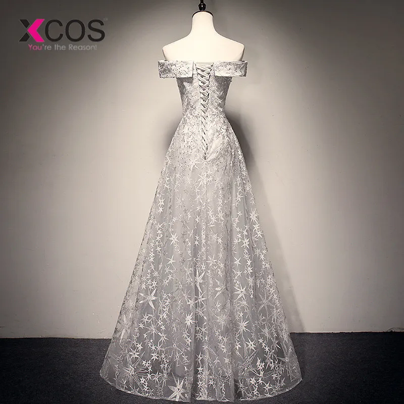 XCOS серебристо-серые элегантные женские длинные платья для выпускного вечера 2019