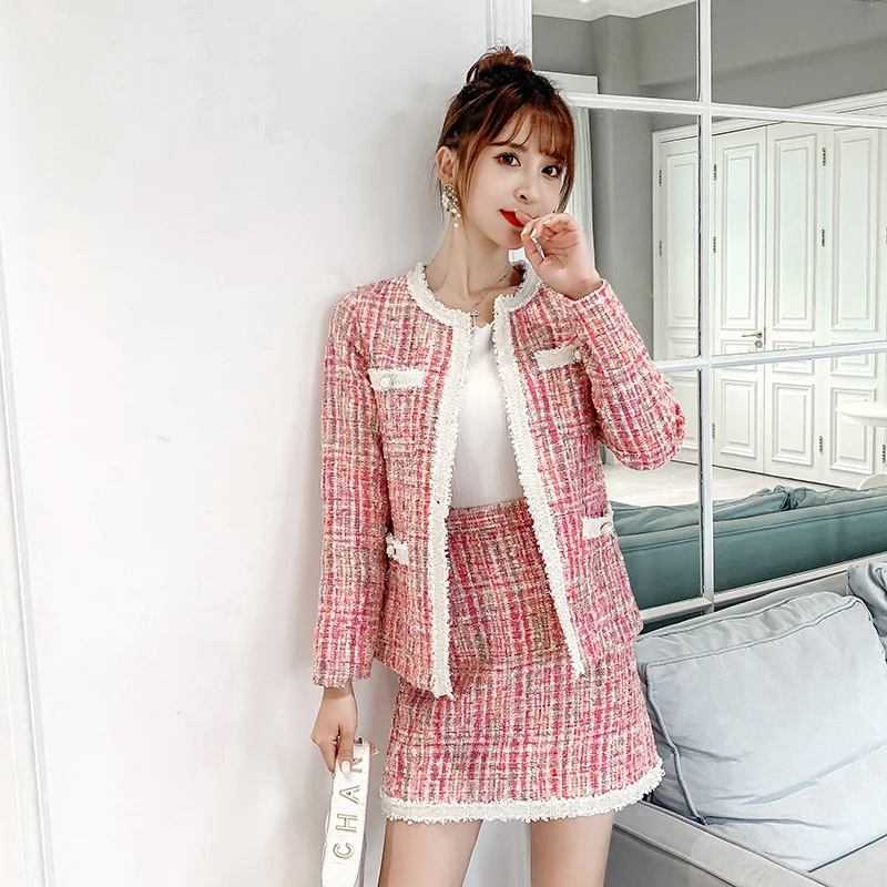 Новинка 2019 Осенний женский твидовый жакет и юбка комплект из двух предметов