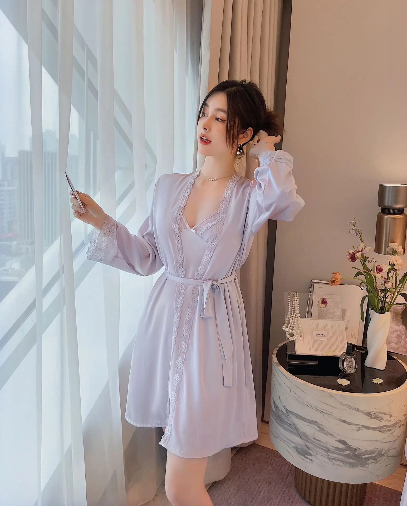 

Spring Summer Sexy Ice Silk Satin Robe Nightdress 2PCS Sleepwear Bride Birdesmaid Homewear Kimono Bathrobe Gown Nightgown