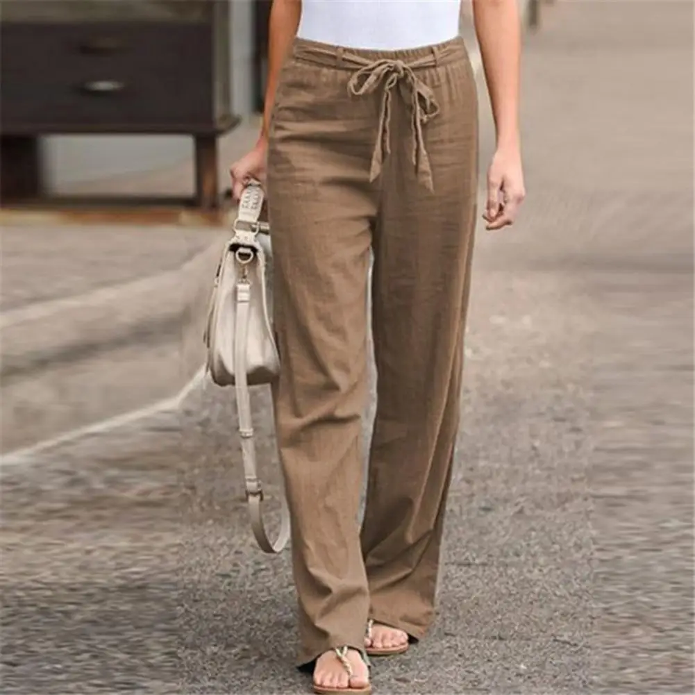 

Elastic Waist Solid Color Women Casual Trousers Thin Straight Wide Leg Belt Long Pants Women Clothing pantalones de mujer 2021
