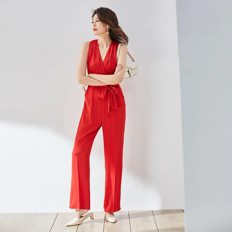 

Vintage Red Jumpsuits High Waist V Neck Long Jumpsuit Women Elegant One Piece Outfits Overalls Ladies Wide Leg Pants Jumpsuits