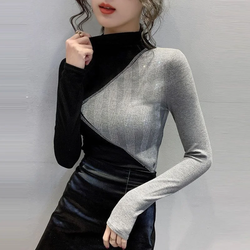 

Футболка женская с длинным рукавом, Облегающая рубашка контрастных цветов с воротником-стойкой, модная внутренняя одежда в иностранном сти...