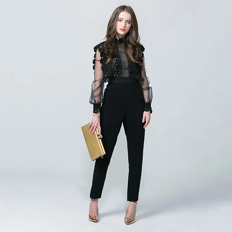 Женский винтажный сетчатый комбинезон облегающий кружевной с высокой талией и