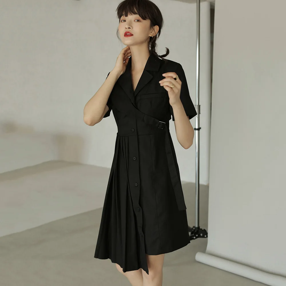 

Japanese Korean Version Fashion Temperament Summer Dress 2021 Spring Summer Irregular Draw Back V-neck Black Summer