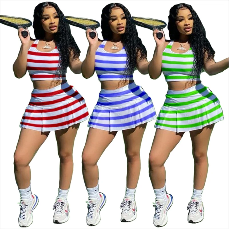 

Two Piece Set Women Clothing Spring Summer Striped Sexy Sleeveless Tank Top+skirt Shorts sets Club Outfits Sports wholesale