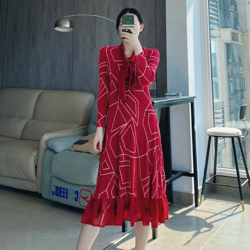 

Женское плиссированное платье Issey Miyake, тонкая бархатная плиссированная юбка с длинными рукавами и высокой талией