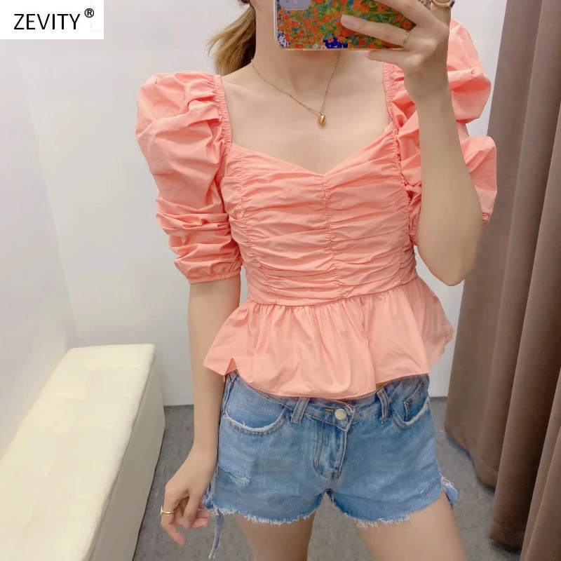 Женская однотонная плиссированная блузка с рукавами-фонариками и оборками