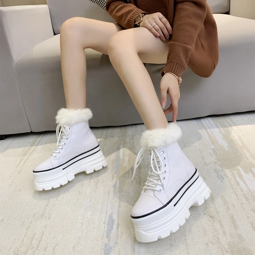 

Winter Platform Ladies Ankle Boots Fashion Casual Black Warm Women Cotton Shoes New Leather Rabbit Plush Design Ladies Sneakers