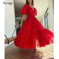 verngo 2021 sparkly red stars tulle a line prom dresses short puff sleeves v neck buttons front ankle length formal party gowns