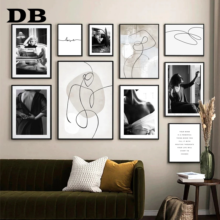 

Black And White Sexy Lady Nordic Vintage Poster line Abstract Wall Art Print Canvas Painting Wall Pictures For Living Room Decor