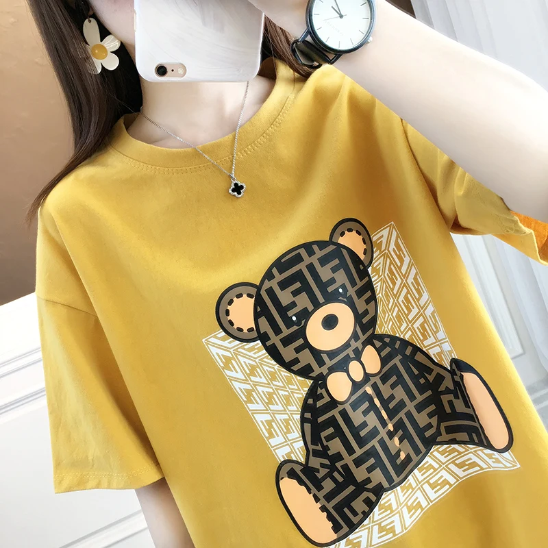 

Women's bear print T-shirt retro street hip-hop short-sleeved women's T-shirt O-neck 2021 cute bear girl summer top T-shirt