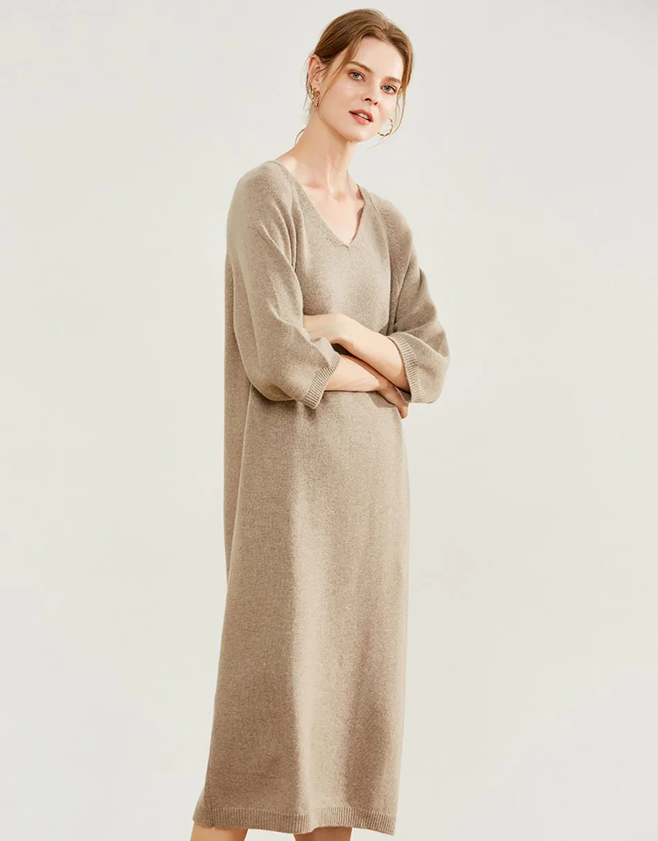 YJMY Inner Mongolian Cashmere Платье женское с v-образным вырезом ребристые манжеты подол весна осень вязаный свитер в магазине Slava - Color: Camel