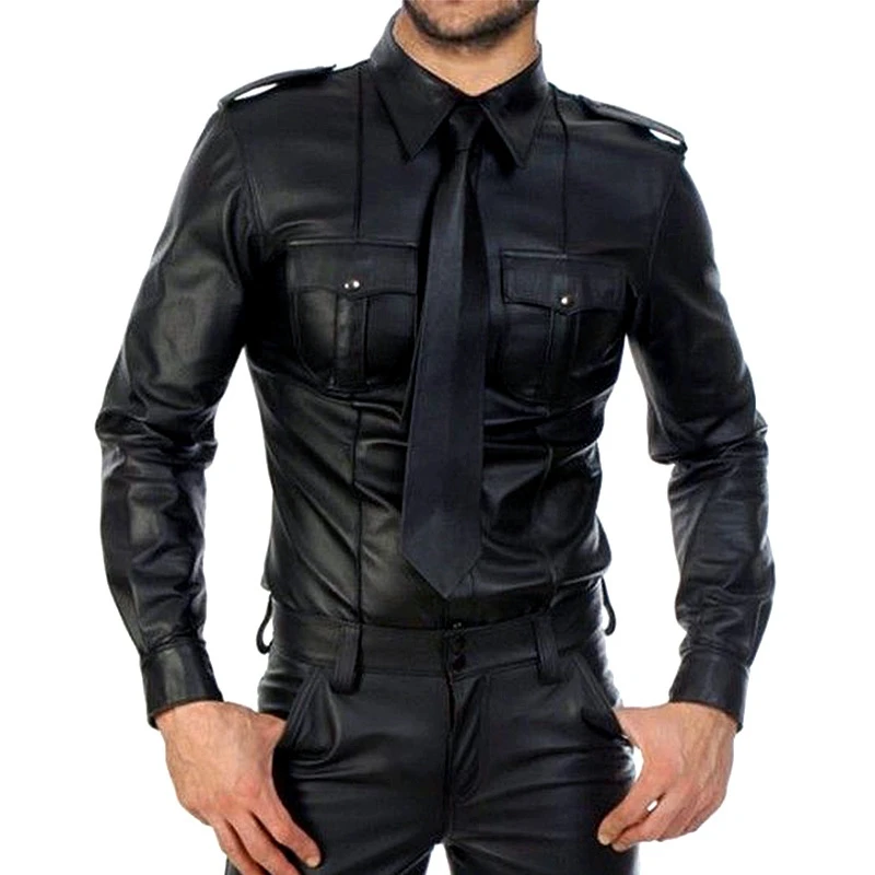 

Men Faux leather Long Sleeve Shirts PU Leather T Shirts Men Sexy Fitness Tops Latex T-shirt Tees Men Sexy Party Clubwear
