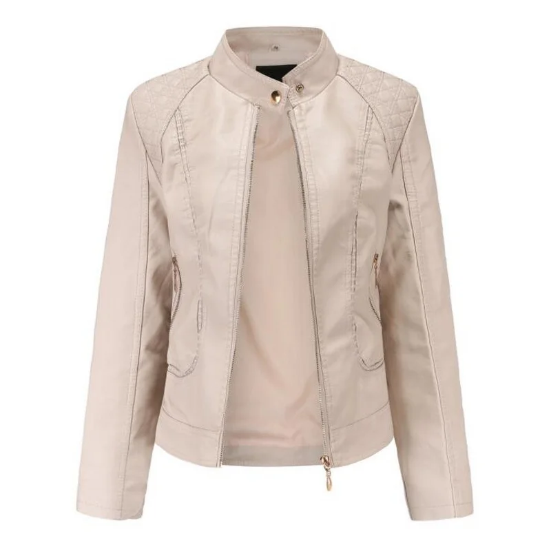 Women Leather Jacket Female Zipper Stitching Rivet Stand Collar PU Leather Outerwear Leather Outwear Fall Jacket